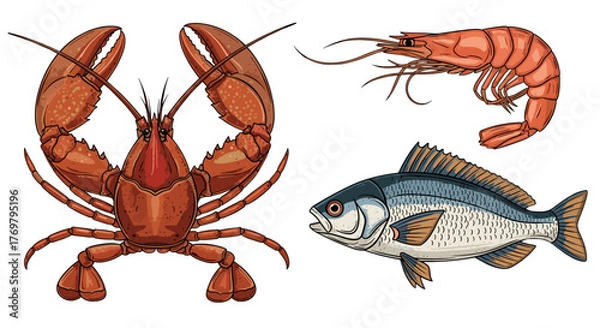 Fototapeta Vibrant illustration of a red lobster, a pink shrimp, and a blue-scaled fish, presented as a collection of seafood artwork suitable for t-shirt prints, posters, stickers, and various other design