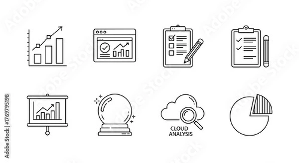 Fototapeta Statistics icon set featuring data visualization, web analytics dashboard, survey checklist with pencil, document with notes, presentation slide with graph, crystal ball for prediction, cloud