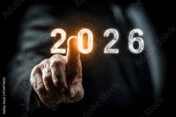 Fototapeta A hand points to glowing futuristic numbers forming “2026” in midair, symbolizing new beginnings, planning ahead, and future innovation.
