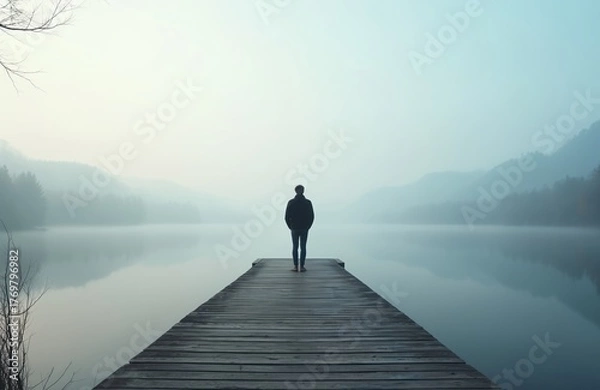 Fototapeta Man stands on pier by misty lake in cold morning. Back view of person near forest hills reflecting in water. Calm atmosphere, solitude, thoughtful mood.