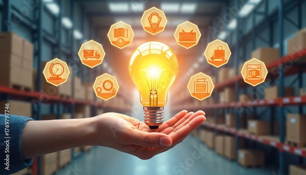 Fototapeta Hand holds glowing lightbulb over warehouse shelves filled with boxes. Icons show logistics, delivery, planning, ideas. Innovative supply chain solution concept.