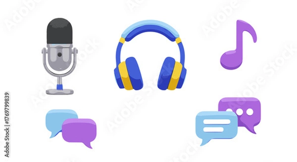 Obraz Vibrant 3D cartoon illustration of a podcast microphone, headphones, a music note, and chat bubbles, representing audio recording, music listening, and communication, presented as a clean, ordered