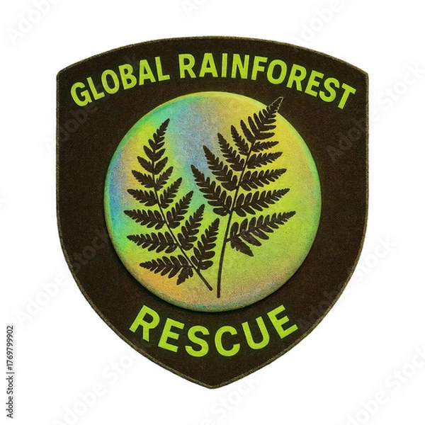 Obraz A dark shield patch reads GLOBAL RAINFOREST RESCUE around a holographic circle with two fern fronds. Neon green thread and crisp type create a modern insignia look.