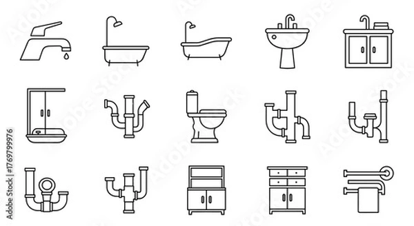 Fototapeta Collection of minimalist line art icons representing bathroom and sanitary ware, including a modern faucet, a classic bathtub, a sleek washbasin, a compact shower cabin with tray, a toilet, various