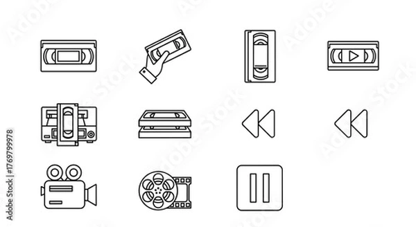 Fototapeta Retro video tape icons, including a VHS cassette held in hand, a stack of VHS tapes, a vintage video camera, a film reel, a VCR player, and playback controls like rewind and pause, presented as thin