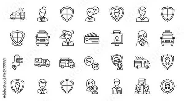Fototapeta Modern outline style icon set featuring vans, shields, and people, perfect for design projects, apps, and social networks. This collection offers a clean, vector cartoon illustration style with a