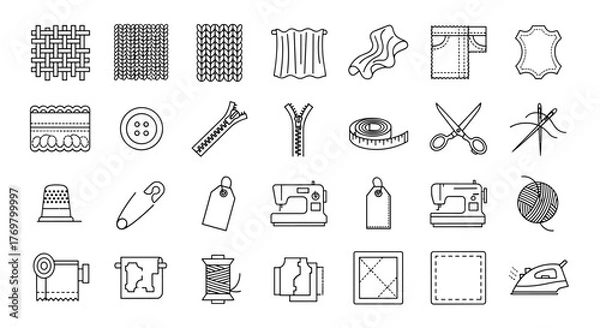 Fototapeta Thin line icon set of fabric features, including woven fabric, knitted fabric, draped fabric, denim, leather, lace, buttons, zippers, scissors, sewing machine, thimble, safety pin, measuring tape
