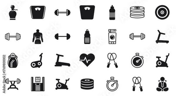 Fototapeta Vivid collection of gym and fitness icons, encompassing healthy lifestyle elements, weight training equipment, body care symbols, and workout or exercise machines, presented as a solid vector icon