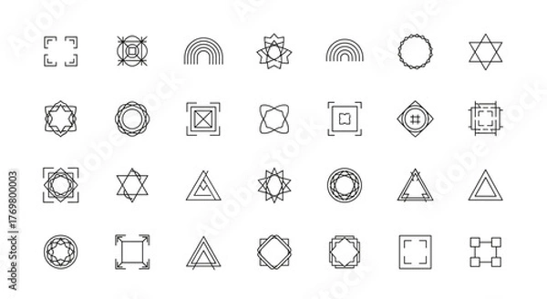 Fototapeta Modern minimalist aesthetic linear frames, arcs, stars, and geometric elements. An ordered collection of clean line icons on a white background, perfect for graphic design, web, and branding. This