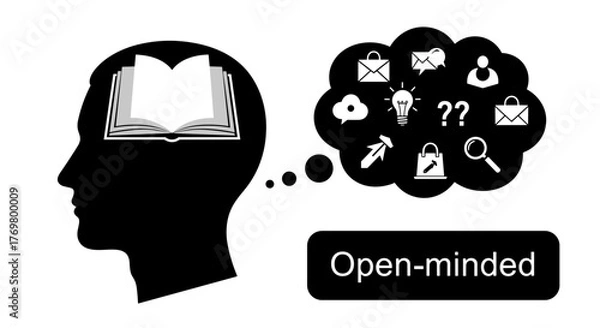 Fototapeta Conceptual illustration of an open mind, symbolized by an open book within a silhouette of a head, with a thought bubble filled with various icons representing ideas, communication, and learning