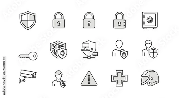Fototapeta Safety and security thin line icons set, editable stroke, vector illustration for website, marketing design, logo, app, template, UI, and more. Includes shield, padlock, key, safe, surveillance
