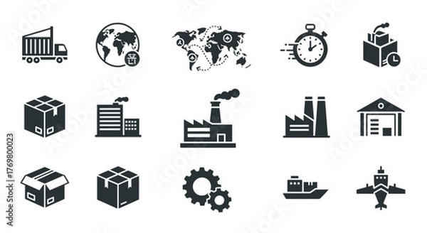 Fototapeta Comprehensive supply chain and logistics icon set, featuring shipping, delivery, product distribution, factory, warehouse, boxes, industry, and global shipment symbols, presented in a solid, modern