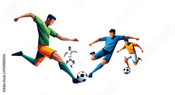 Fototapeta Dynamic abstract vector illustration capturing the intensity of a soccer game with players in vibrant green, blue, and orange jerseys competing for the ball on a dark background, perfect for sports