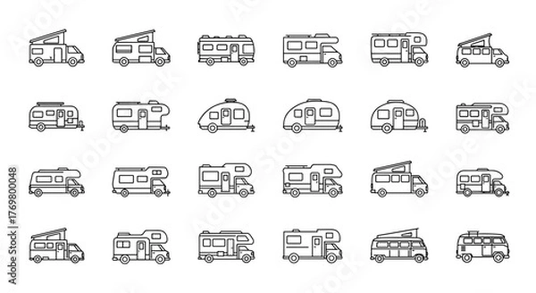 Fototapeta Collection of minimal camper and RV vector icons for outdoor and travel graphic design projects with a clean line art style, featuring various recreational vehicles like motorhomes, travel trailers