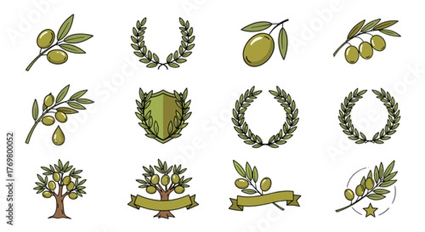Fototapeta Collection of olive branch logos and badges, featuring olive trees, wreaths, and shields, presented as cartoon illustrations with a clean, modern aesthetic, perfect for branding and design projects.