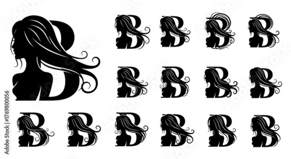 Fototapeta Elegant initial letter B silhouette of a woman with flowing beauty hair, depicted in a vector cartoon illustration style on a clean white background, creating a visually striking and ordered
