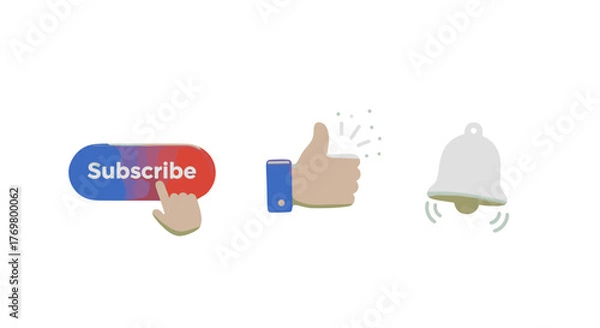 Fototapeta Engaging 3D animation of a "Subscribe" button being pressed, a "Like" icon with a thumbs-up gesture, and a "Bell" notification icon, all presented on a vibrant green screen background, perfect for