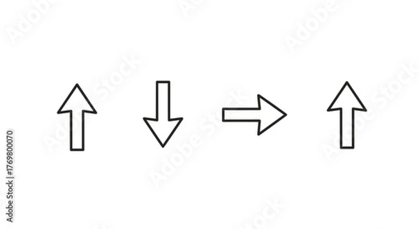 Fototapeta Collection of outline arrows pointing up, down, right, and left, presented on a black background. This editable stroke vector graphic is ideal for infographics, articles, books, flyers, and banners