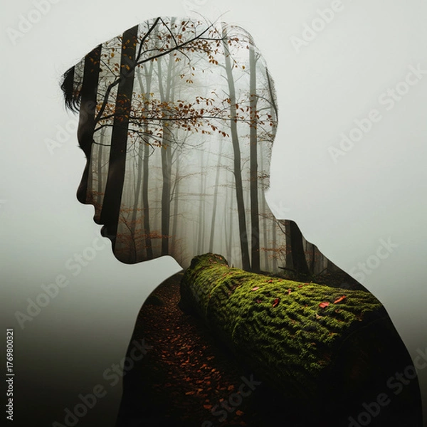 Fototapeta Artistic double exposure of a person's silhouette blended with a misty autumn forest. Conceptual image representing mental health, introspection, mindfulness, and the human connection to nature.
