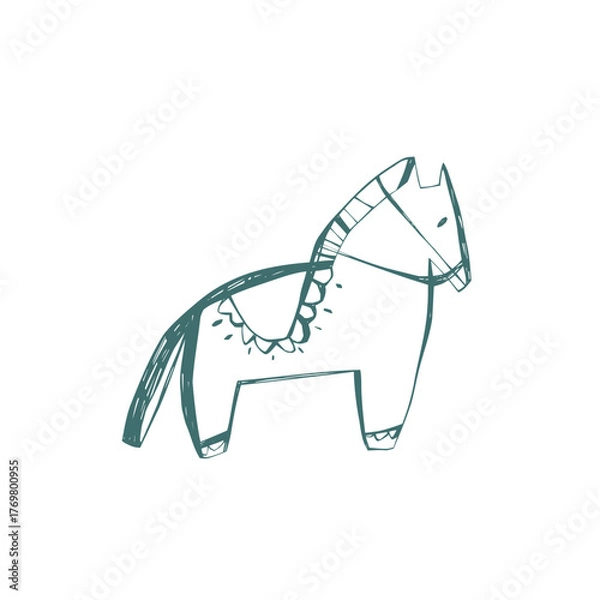 Fototapeta Scandinavian horse illustration in minimal folk style with hand drawn decorative details and simple rustic design