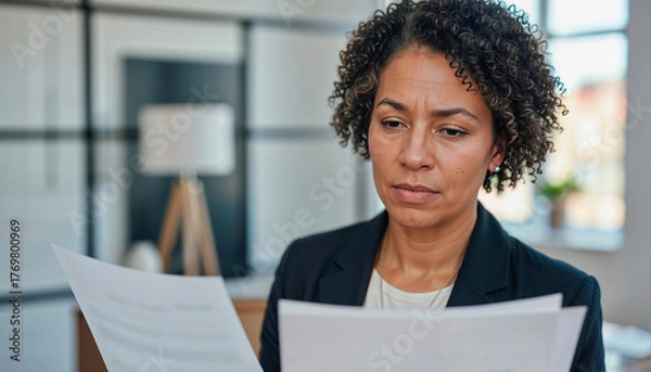 Fototapeta Portrait of tired middle-aged Black businesswoman reviewing documents, office background