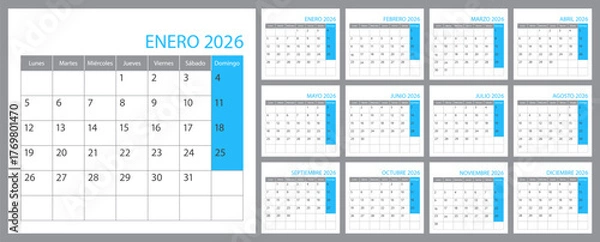 Obraz Spanish calendar planner 2026 year, schedule month calender, organizer template. Week starts on Monday. Business personal page for Spain. Modern simple dairy background. Vector illustration