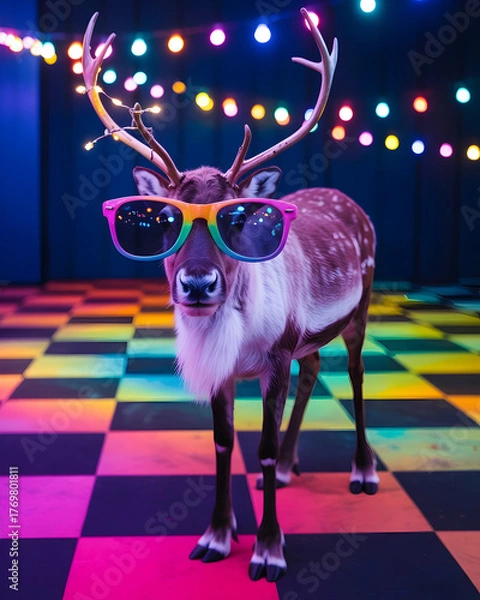 Fototapeta Quirky and Fun Image of a Reindeer Wearing Bright Sunglasses on a Checkerboard Disco Floor