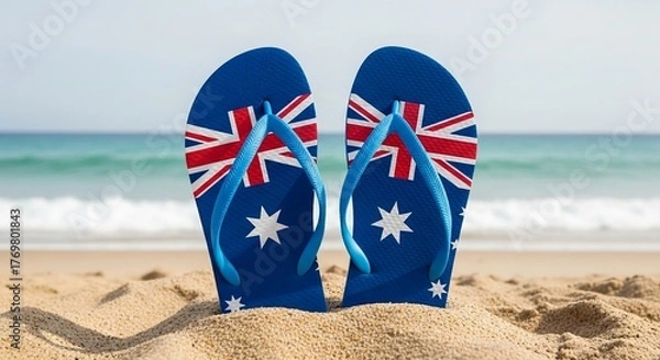 Fototapeta Australian flag flip-flops standing in the golden sand on a sunny tropical beach with the ocean in the background.