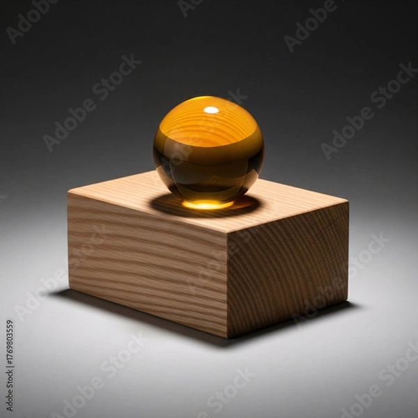 Fototapeta Luminous amber glass sphere resting on a natural wood block. A modern, minimalist concept for luxury, clarity, or an award. Elegant studio shot with dramatic lighting on a grey background.