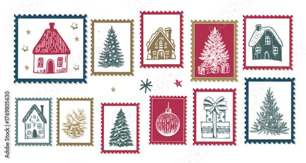Fototapeta Advent calendar with house and tree on white, hand drawn illustrations.	
