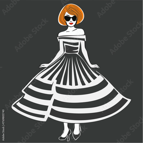 Fototapeta striped flared dress with orange bob and oversized sunglasses on dark field; lookbook art for designer collections and boutique campaigns