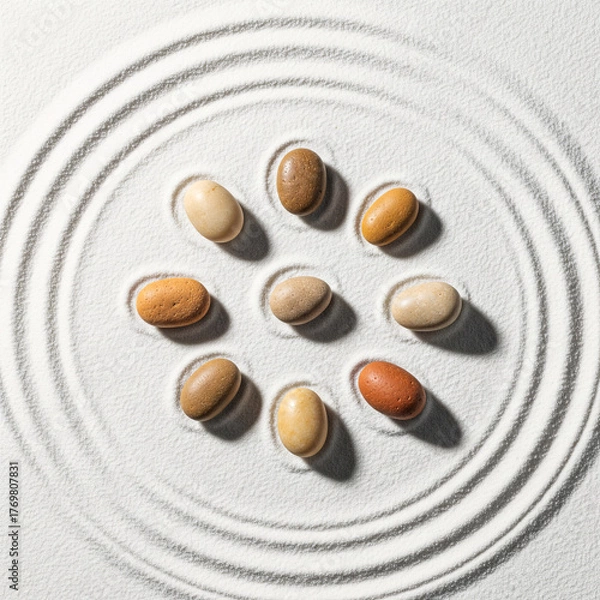 Fototapeta Japanese Zen garden flat lay with smooth earth-toned stones. A top-down view symbolizing harmony, balance, mindfulness, and tranquility. Minimalist composition with raked white sand circles