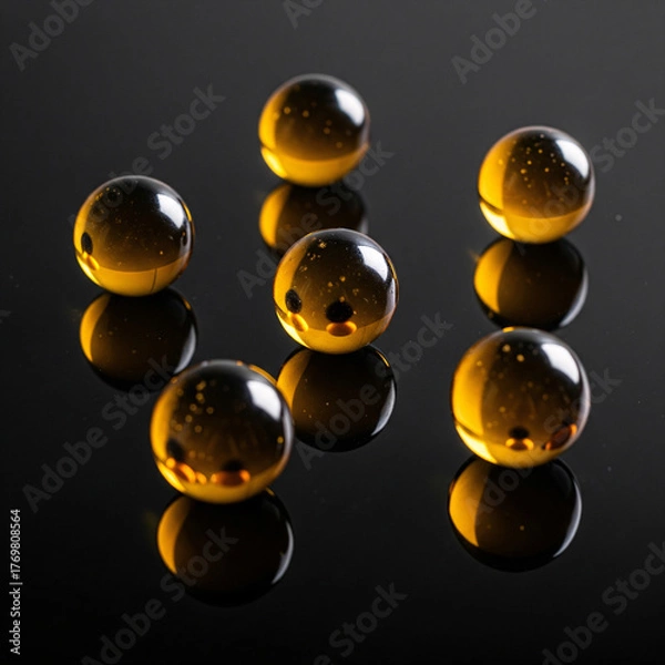 Fototapeta Luminous amber glass spheres or gel capsules on a black reflective surface. A modern, abstract macro concept for science, luxury cosmetics, or vitamin supplements, with dramatic lighting