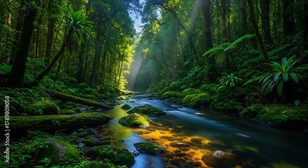 Fototapeta Serene river flows through a lush green rainforest with sunlight streaming down