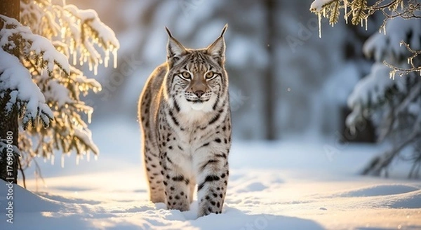 Fototapeta Majestic lynx walking through a snowy winter forest on a bright sunny day outdoors