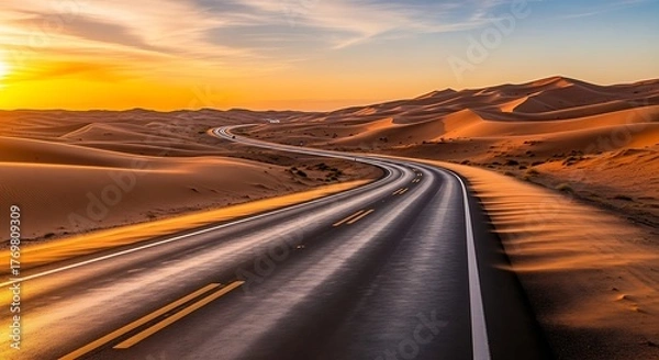 Fototapeta Desert highway stretches into the distance under a vibrant sunset sky view