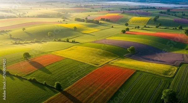 Fototapeta Aerial view of colorful cultivated fields in countryside landscape at sunrise