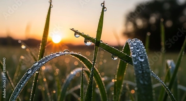 Fototapeta Dew drops on blades of grass sparkle in the morning sunlight at early dawn hour