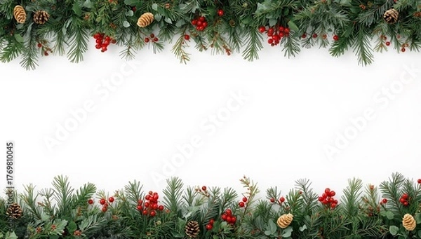 Fototapeta Christmas background with pine branches, red berries, and pine cones for holiday design and decoration