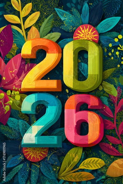 Fototapeta 2026 year number standing on colorful tropical leaves and vibrant floral background