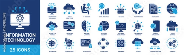 Obraz Information Technology icon set. Containing cloud computing, IT manager, big data, data analytics, internet, network security and more. Solid vector icons collection.