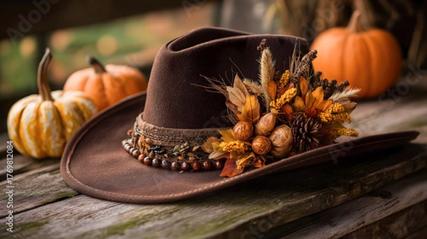 Obraz A cowboy hat placed on a wooden table with the harvest ready for Thanksgiving celebration