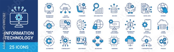 Obraz Information Technology icon set. Containing cloud computing, IT manager, big data, data analytics, internet, network security and more. Blue vector icons collection.