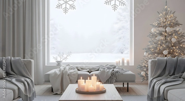 Fototapeta Winter Interior Scene with Sofa, Tree, and Snow Outside