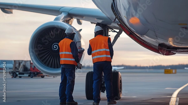 Fototapeta Aircraft maintenance team performs inspection near engine and landing gear. Crew in safety gear examines plane on tarmac for pre-flight readiness and safety.