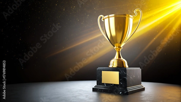 Obraz Golden Trophy Cup with Light Beam on Dark Background for Success and Achievement Concept