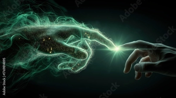 Fototapeta 暗闇の中で粒子状のエネルギー体と人間の手が指先で接触する様子 | Human and ethereal particle hands nearly touching fingers in the dark
