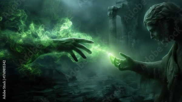 Fototapeta 廃墟の遺跡で緑色の魔法のエネルギーを交換しようとする二つの手のクローズアップ | Close-up of two hands attempting to exchange green magical energy amidst ancient ruins
