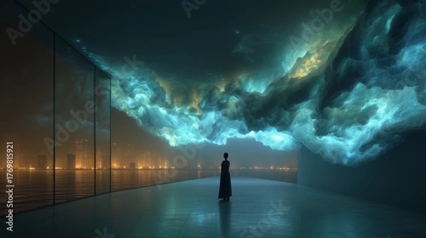 Fototapeta 高層ビルの窓から夜景を眺める一人の人物と、天井に広がる青く光る幻想的な雲 | Silhouette of a person gazing at the city night view from a large window under massive glowing turquoise clouds
