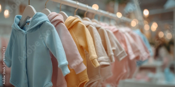 Obraz Colorful baby clothes displayed on hangers in a cozy shop setting with soft lighting